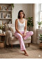 Plus Size Pink Ribbon Detailed Printed Women's Pajama Bottoms Without Pockets - 2