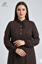 Women's Brown Plus Size Geometric Flare Patterned Judge Collar Lace-Up Buttoned Hijab Tunic - 2