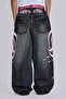 Black Stonewashed Grunge Pink Tribal Printed Harajuku Y2K Unisex Baggy Pants - 3