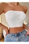 Women's White Color Ottoman Fabric Front Embroidery Detailed Strapless Blouse Crop Lycra Bustier Blouse - 3