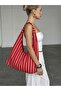 Red Striped Fabric Tote Bag - Large Size - Waterproof Fabric - Women's Hand and Shoulder Bag