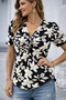 New Season Women's Short Sleeve V-Collar Floral Patterned Single Jersey Blouse