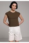 Slim Fit Boat Neck Plain Women's Brown Short Sleeve T-Shirt
