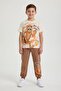Brown Printed Crew Neck T-Shirt with Elastic Waistband Boys' 2-Piece Set 23887