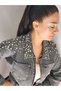 Women's Designer Denim Jacket with Stone and Embroidery Detail, Gray Cropped Fit Jeans Coat - 5