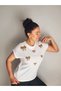Women's Design T-Shirt Leopard Bow Ribbon Print and Stone Embellishment Detail Large Size Low Sleeve White Blouse - 3