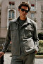 Men's Gray Relax Fit Shirt Collar Tieable Waist Flexible Suit