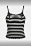 Black Gray Striped Black Cat Detailed Lace Collar Bow Y2K Strap Crop Top - 2