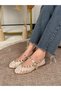 Zalvia Women's Black Lace Detailed Gold Buckle Round Toe Single Strap Ballerinas - 5