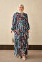 Women's Ethnic Pattern Waist Tie Dress Blue