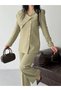 Women's Blazer Trouser Suit Khaki Asymmetric Collar - 2