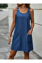 Women's Sleeveless Thick Strap Button Detail Linen Dress with Pockets
