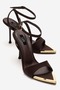 Women's Brown Satin Thin Heeled Ankle Strap Stylish Evening Dress Sandals 9 Cm. Heel
