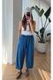 Women's Blue High Waist Elastic Waist Comfortable Fit Wide Leg Denim Trousers - Baggy Cut Jeans
