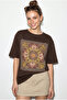 Women's Brown Ethnic Patterned Bead Embroidered Print Detailed Oversize T-Shirt 2128 60286123 - 2