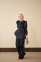 Women's Collar and Cuff Gathered Belt-Tie Jeans Set Navy Blue - 2