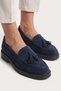Navy Blue Suede Genuine Leather Tasseled Women's Loafer Shoes with Real Leather Pompoms on the Inside and Outside. - 3