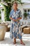 Italian Blue-Beige Shirt Collar 3/4 Sleeve Shawl Patterned Buttoned Linen Look Long Woven Dress 132 70 - 4