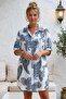 Italian White-Blue Shirt Collar 3/4 Sleeve Shawl Patterned Pocket Casual Linen Look Woven Dress 93 64 - 2