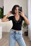 Women's Lace Collar V-Neck Bluz Black - 3