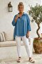 Blue Shirt Collar 3/4 Sleeve Buttoned Casual Linen Look Oversize Woven Shirt 75 72 - 6