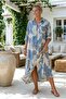 Italian Blue-Beige Shirt Collar 3/4 Sleeve Shawl Patterned Buttoned Linen Look Long Woven Dress 132 70 - 2