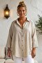 Beige Shirt Collar 3/4 Sleeve Buttoned Casual Linen Look Oversize Woven Shirt 75 72 - 3