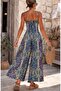 Women's Rope Strap V-Neck Pocket Detailed Wide Leg Patterned Long Single Jersey Summer Jumpsuit - 3