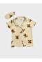 Suitable for Girls and Mother Cotton Beige Teddy Bear Pattern Shirt Collar Buttoned Short Sleeve Sleepwear with Eyewear Pajamas Set - 5