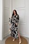 Navy Blue Patterned Long Dress with Slit Detail and Elastic Waist
