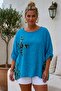 Italian Blue Pool Collar 3/4 Sleeve Washed Appliqué Casual 100% Linen Oversize Woven Blouse 80 74 - 4