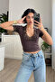 Women's Lace-Collared V-Neck Bluz Brown - 3