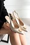 Mealis Women's Beige Wrinkled Patent Leather Pointed Toe Ankle Strap 7 cm Heeled Slingback Shoes with Gold Accessories