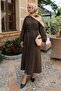 Buttoned Ribbed Belted Linen Brown Dress - 2