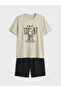 Giyçık Storeden Gray Crew Neck Teddy Printed Men's Shorts Pajama Set - 5