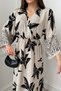 Black Patterned Double-Breasted Collar Long Dress with Slit Detail and Elastic Waist - 6