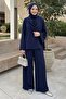 Cobalt Blue Satin Suit with Shawl Detail on the Shoulder - 2
