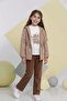 Girl's Nova Fabric Stoned Trench Coat, Combed Cotton, Linen Pants, Top and Bottom Set Tkm1011