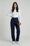 Navy Blue High Waist Lycra Palazzo Trousers with Pockets and Buttons, Wide Legs - 7