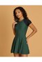 Women Green Short Sleeve Front Zip Swim Dress
