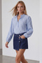 Blue Hakim Collar Front Buttoned Balloon Sleeve Ruffle Fabric Shirt Blouse Alc-X15405 - 2