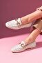 Alita Beige Glitter Fabric Loafer Ballerinas with Gold Buckle