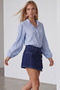Blue Hakim Collar Front Buttoned Balloon Sleeve Ruffle Fabric Shirt Blouse Alc-X15405 - 3