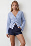 Women's Blue V-Neck Twisted Detailed Blouse Alc-X15416 - 5