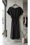 Women's Black Wide Neck Bat Sleeve Detailed Midi Crepe Dress - 4