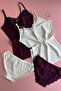 Lace |   Ecru and Purple Color Cotton Tank Top and Panties Set with String Straps - 5