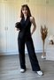 Linen Front Knot Detailed Black Trousers and Blouse Set