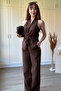 Linen Front Knot Detailed Brown Trousers and Blouse Set - 4
