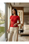 Women's Red Corded Camisole Gold Double-Breasted Buckle Detailed Short Sleeve Blouse - 4