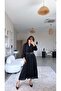 Black Lace Detailed Belted Chiffon Lined Long Dress - 5